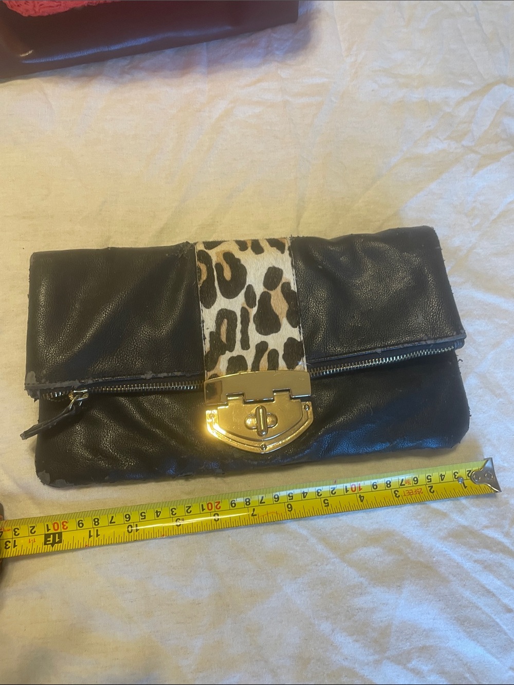 Aldo Black Clutch with Leopard Accent and Gold-Tone Lock